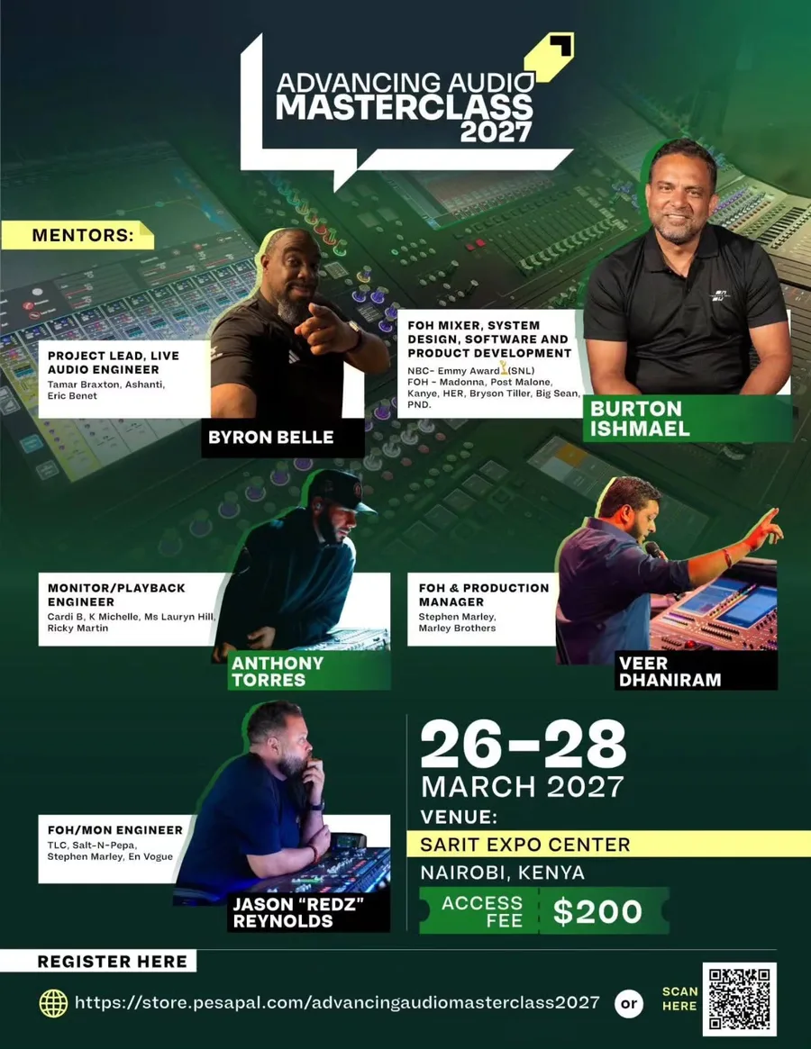 Advancing Audio Masterclass 2027 poster: mentors, dates, venue and registration details